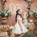 A beautiful quinceañera celebration with a teenage girl in a white dress, vibrant decorations, and a 15th birthday cake.