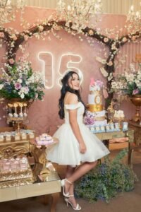 A beautiful quinceañera celebration with a teenage girl in a white dress, vibrant decorations, and a 15th birthday cake.